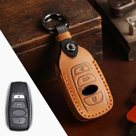 OLLEN Screws-Free Genuine Leather Key Fob Cover, Fit for Subaru Forester Outback BRZ WRX STI Legacy Ascent CrossTrek Impreza, etc, Leather Smart Remote Key Protector, 4 Buttons, Brown