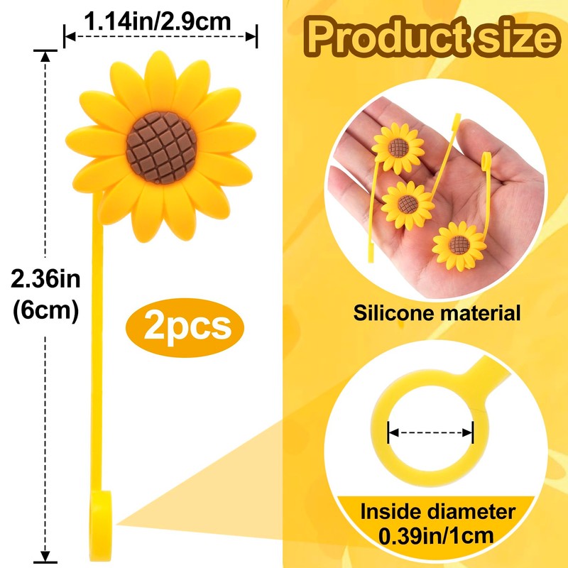Joez Wonderful 2pcs Sunflower Straw Toppers 10mm, Reusable Silicone Straw