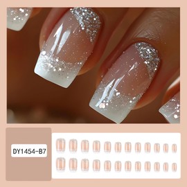 Medium French Tip Press on Nails Square Shape Fake Nails Cute White False Nail Tips with Sparkling Glitter Designs Glossy Nude Glue on Nails Full Cover Stick on Nails for Women Finger Manicure