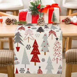 JarThenaAMCS Christmas Table Runner Gray Red Xmas Tree Table Cover Decoration for Indoor Outdoor Home Kitchen Party Supplies, 13 x 90 Inch