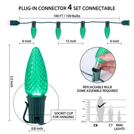 Brightown C9 Christmas String Lights, Green Commercia Outdoor Christmas Lights with 100 Strawberry C9 LED Bulbs, Waterproof Extendable UL Certified for Party Holiday Indoor Outdoor Xmas Decor