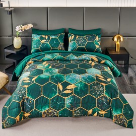 ANGIYUIN 3D Marble Printed Emerald Green Comforter Set Full, 7Pcs Geometric Hexagon Theme Comforter Gold Trim Bed in A Bag Full, Modern Watercolor Foil Print Bedding Set with Sheets (Green Full)