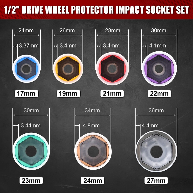 MIXPOWER 7PCS 1/2" Drive Wheel Protector Impact Socket,Thin Wall Deep