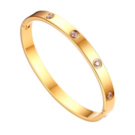 JewelryWe Bangle Women's Stainless Steel and Zirconia, Simple Stylish and Lovely Engraved Bracelet, 6 mm Wide with Clasp, Silver / Gold / Rose Gold, Customisable, 18 centimeters