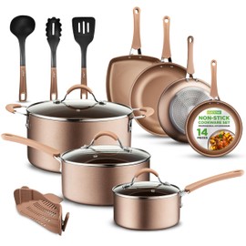 NutriChef 14-Piece Nonstick Cookware PFOA/PFOS-Free Heat Resistant Lacquer Kitchen Ware Set w/Saucepan, Frying Pans, Cooking, Dutch Oven Pot, Lids, Utensils, NCCW14S, Shiny Golden