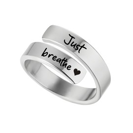 Just Breathe Lotus Ring for Women Non Tarnish Stainless Steel Inspirational Hope Ring Just Breathe Ring Adjustable Birthday Jewelry Gift (Silver heart)