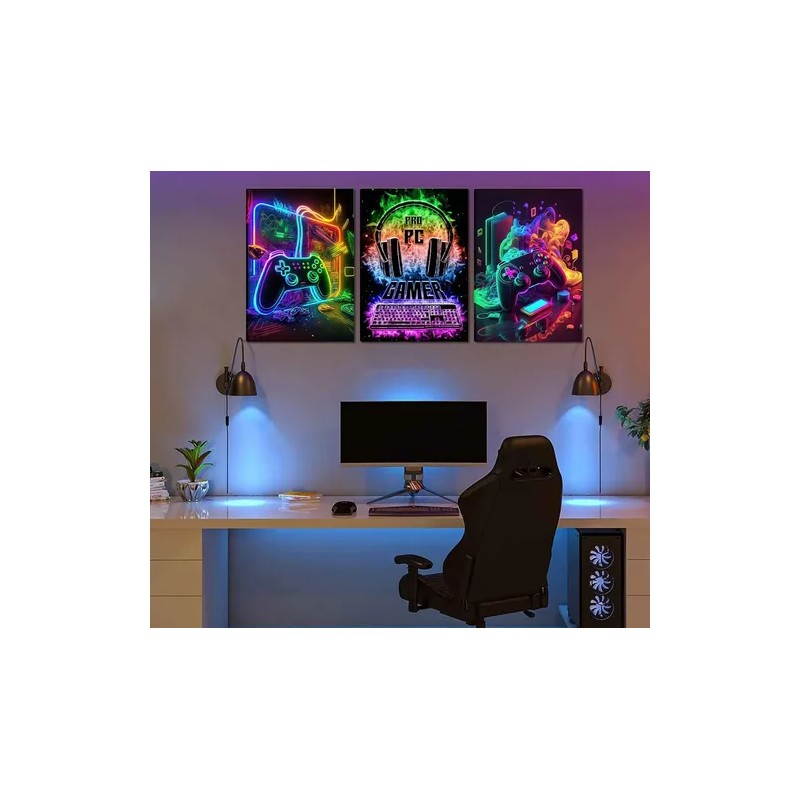 3 Cuadros Gamer Neon Videojuegos Habitacion Canvas Arte Gaming