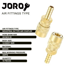 Joroy Air Coupler with 3/8 Hose Barb, Industrial M-Type, 1/4 Inch Body Size, Brass Mat