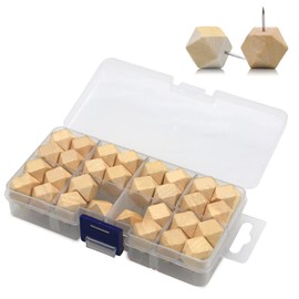 30 Wooden Push Tacks Wood Pins Polygon Decorative Cork Board Push Pins for Fixing Pictures Maps Posters Photos with Storage Case