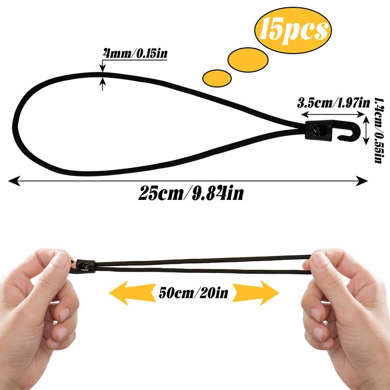 wonkeken 15-Piece Bungee Cords with Hooks - 25cm/9.8in Multi-Purpose Rubber