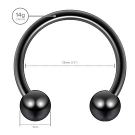 2pc 16mm Black Surgical Stainless Steel Horseshoe Bar Hoop 5mm Ball Circular Barbells Earrings Cartilage Helix Septum Nose Lip Rings - 12mm