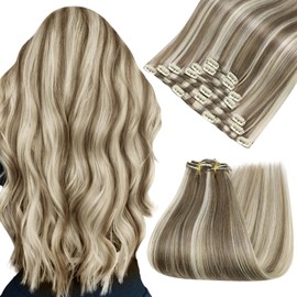 Easyouth Hair Extensions For Women Clip in Highlight 16Inch 7Pcs Lace Clip on Extensions Human Hair Brown with Blonde Highlights Soft and Stylish Hair Extension Clips in 120G
