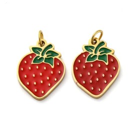 DanLingJewelry 10Pcs Stainless Steel Red Strawberry Charm Pendants Enamel Fruit Food Flatback Charms for Jewellery Making Earrings Bracelets