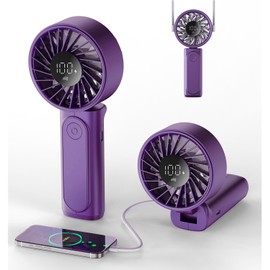 Peiyuu Portable Handheld Fan, 4000mAh, USB Rechargeable 180° Foldable Mini Desk Fan, 6 Wind Speed, LCD Digital Display, Lanyard as Neck Fan, Ultra Quiet, Pocket Size for Indoor Outdoor