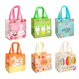 XULIN Easter Tote Bags with Handles - 6 Pack Large Gift Bags, Reusable Bunny Easter Egg Hunt Party Treat Bag, Grocery Shopping Goodie Bag for Holiday Favors (6 Pack)