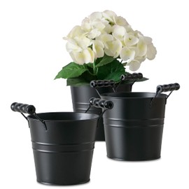 WHW Whole House Worlds Farmers Market Planters, Set of 3, Turned Wood Handles, Black, Zinc, Rolled Top, Rustic Country Style Cache Pot Containers, 6.75, 6.25, and 5.5 Inches