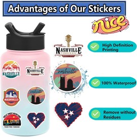 50 Pcs Nashville Tennessee Stickers, Waterproof Vinyl Music City Decals for Water Bottles Laptop Luggage Cup Computer Mobile Phone Skateboard Guitar Helmet