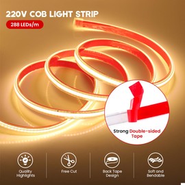 HEGEHE 220V COB Strip Light with Self-Adhsive Tape, Cut to 50cm, IP65 Waterproof LED Rope Light with Switch Power Supply (2m, Warm White)