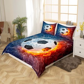Feelyou Football Comforter Cover,Soccer Sports Abstract Ice and Fire Art Design,Teens Boys Youth Cool Navy Blue Decorative 3 Pieces Bedding Set Full Size (1 Duvet Cover Set & 2 Pillow Shams),Zipper