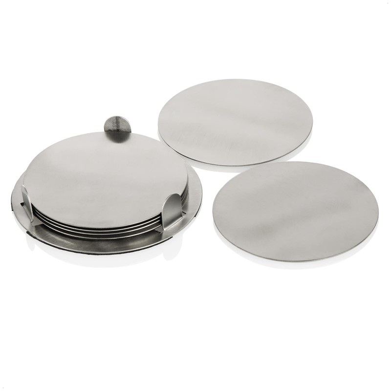 com-four® 7 Piece Coasters Set with Holder - Stainless Steel