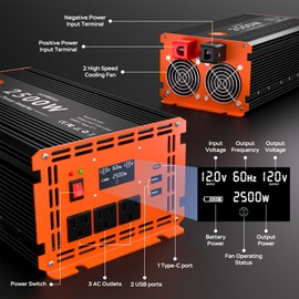 Homkeep 2500 Watt Power Inverter 12V DC to 110V/120V AC Converter Peak Power 5000W Car Inverter with LCD Display 3 AC Outlets, 2 USB & Type-C Port for RV,Truck,Off-Grid Solar System with Remote Controller