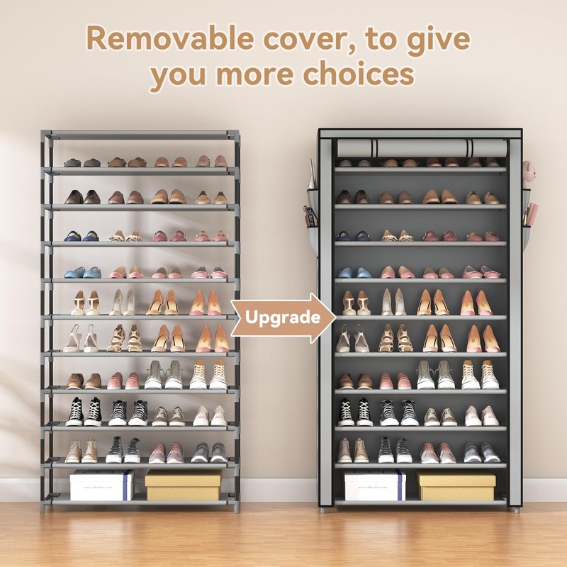 ROJASOP Shoe Rack with Covers, Stackable 10 Tier Tall Shoe