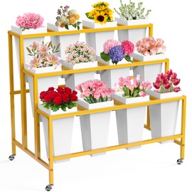 VGMiu Flower Display Stand with 12 Buckets, 3 Layers Flower Cart Gold Metal Flower Bar Stand with Wheels, Moving Florist Bouquet Shelf for Indoor Outdoor Patio Garden Weddings Florist Living Room