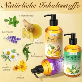 Massage Oil for Massage Therapy, Muscle Relaxation with Arnica Oil, Anti-Cellulite Eucalyptus and Lavender Oil Including Massage Ball, Relaxing Spa Body Oil as a Gift Set, 3 x 100 g