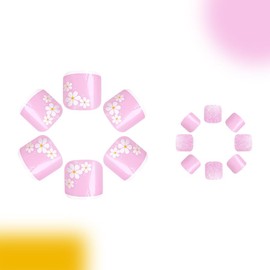 Stick on Toenails 24pcs, False Toe Nails Glitter Pink with Flower Patterns, Short Square False Nails with Glue for Toes Comfortably Wore in Socks and Shoes, French Tip Toe Nail