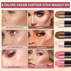 Kit de contorno de maquillaje en barra de contorno de 6 colores - Set A | Double-ended Design,Bronzer,Highlighter and Blush Stick,Lightweight,Long-las