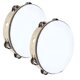 2 Pack 10 inch Tambourine for Adults Wooden Tambourine Hand Held Tambourine Metal Jingles Single Row Instrument Handheld Tambourine Drum for Church, KTV, Musical Educational