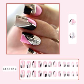 24Pcs Glossy Pink Press on Nails Square Medium Full Cover Artificial Fake Nails with Silver Glitter Line Designs Acrylic Coffin False Nails with Glue Stick on Nails for Women Girls