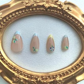 French Tip Press on Nails Short Almond Fake Nails with Cute Fruit Designs Blue Yellow French Glue on Nails Nude Full Cover Acrylic False Nails Press ons for Women Girls 30 Pcs