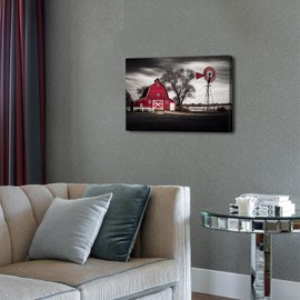 Vintage Farmhouse Windmill Wall Art Red and Black Old Barn Wall Decor Living Room Countryside Landscape Canvas Print Picture Country Farm Framed Painting Modern Artwork Kitchen Home Decorations 16x24”