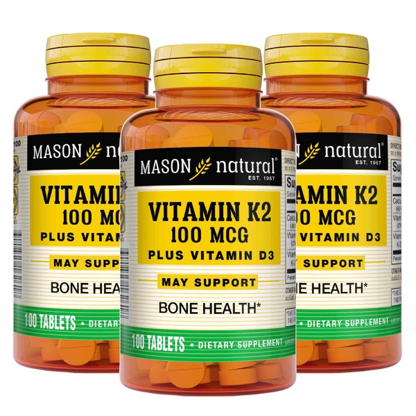 Mason Natural Vitamin K2 100 mcg Plus Vitamin D3 - Supports Bone, Cardiovascular & Muscle Health, 100 Tablets (Pack of 3)