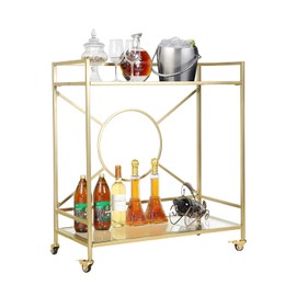 Palama Gold Bar Cart for The Home, Large Mid Century Bar Cart Simply Assembled in 10 Minutes, 2-Tier Rolling Storage Cart with 2 Transparent Tempered Glass Shelves, Wine Cart with 2 Lockable Wheels