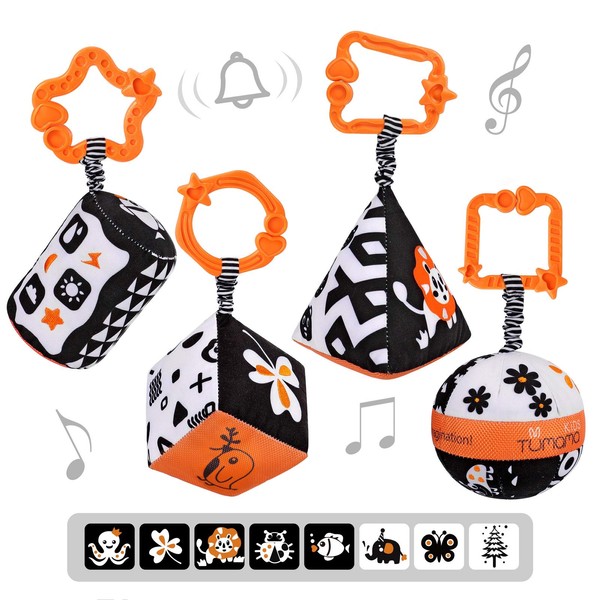 TUMAMA High Contrast Shapes Sets Baby Toys, Black and White Stroller Toy for Car Seat Baby Plush Rattles Rings Hanging Toy for 0 3 6 9 to 12 Months, Newborn,Toddlers,Infants (4 Packs)