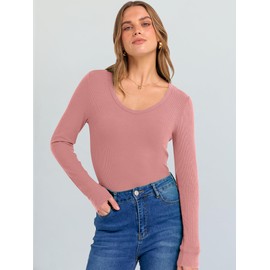 ANRABESS Long Sleeve Shirts for Women V Neck Ribbed Knit Slim Fall Basic Tshirts Going Out Tops 2025 Casual Trendy Clothes Coral Pink Medium