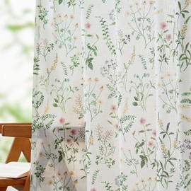 Lazzzy Linen Green Floral Curtains 84 Inch Length Farmhouse Curtain Back Tab Drapes for Living Room Bedroom Light Filtering Vintage Rod Pocket Curtains, 2 Panels, Green on White