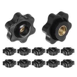 HARFINGTON 12pcs Star Knobs M6 Female Thread 25mm 6-Point Plastic Head Brass Insert Through Hole Screw-in Threaded Hand Knob Clamping Handle, Black