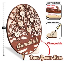 10" Mothers Day Decor Gift for Mom Wooden Family Tree Love Grows Here Plaque DIY Name Heart Sign Home Wall Table Decor Best Mom Ever Birthday Gift for Grandma Nana from Daughter Son HU-FR133-W