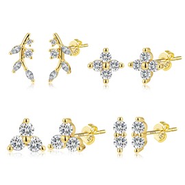 ALEXCRAFT Gold Earrings For Women 4 Pack Stack Hoop Earrings Tiny Ear Studs Sets For Multiple Piercings Cubic Zirconia Small Tiny Flower Stackable Earring Set Jewellery