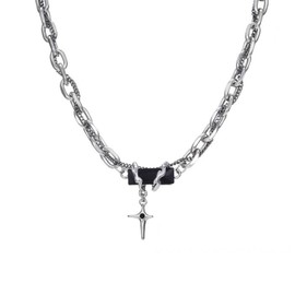 ESFRIAN Men's Necklace, Popular, Recreless, 19.7 - 2.0 inches (50 + 5 cm), Pendant, Black, Cross, Star, Stainless Steel, 11.6 gal (316 L), Simple Plate, Accessory, Stylish, Necklace, Chain