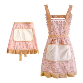 CHROMACRAFT Pack of 2 Aprons with Floral Pattern, Large Pocket Aprons, Cotton Aprons, Cleaning Aprons for Women, Adjustable Kitchen Cooking Aprons, BBQ Aprons, Garden Aprons