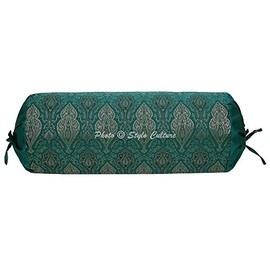 Stylo Culture Indian Decorative Diwan Bolster Cushion Cover Emerald Green Floral Jacquard Weave Round Neck Pillow Traditional Damask Cylindrical Brocade Pillow Cover - (76x38 cm) | 1 Pc (Cover Only)