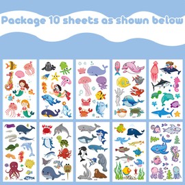 10 Sheets Temporary Tattoos for Kids Underwater World Temporary Tattoo Theme Waterproof Sticker Decor for Children Birthday Party Favor Gift