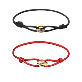 Azlanway Sailing Rope Women's Bracelet Tricolour Pack of 2 Couples Bracelet Cord Bracelet with Stainless Steel Ring in Silver, Gold & Rose Gold, Friendship Bracelets, Adjustable Wrist Bracelets (Black