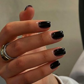Uñas postizas negras cuadradas cortas, uñas acrílicas esmaltadas de gel, uñas postizas de color puro, uñas postizas pequeñas, uñas adhesivas reutiliza