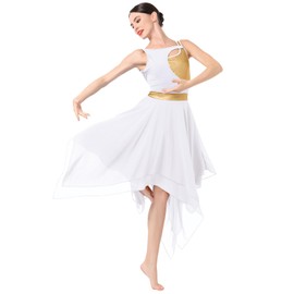 IBAKOM Lyrical Dance Dress for Women Gold Metallic Cutout Chiffon Tulle Contemporary Dance Costume Backless Flowy Skirt Salsa Ballroom Dance Dress Ballet Leotard Ballerina Costume White L