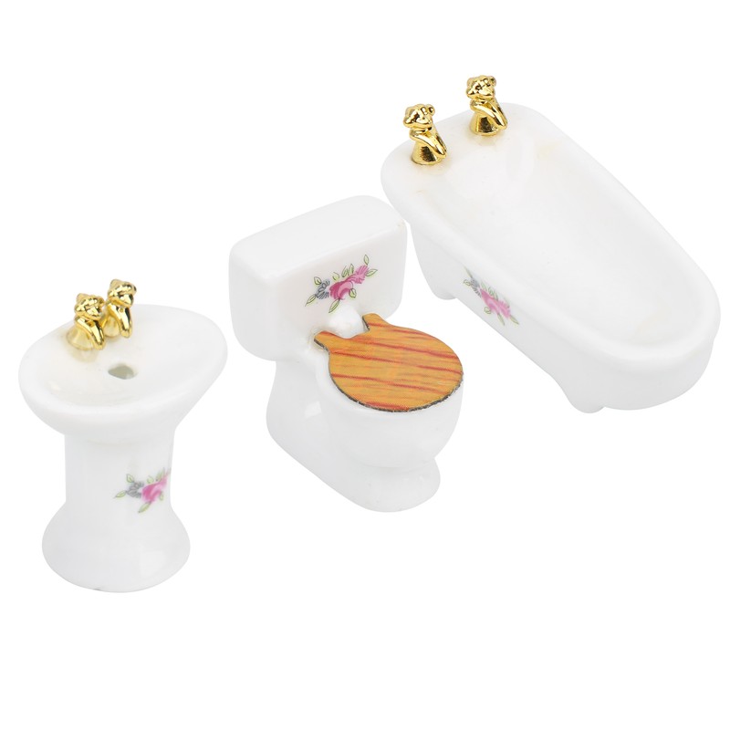 1/24 Dollhouse Miniature Bathroom Set Simulation Ceramic Bathtub Toilet Sink